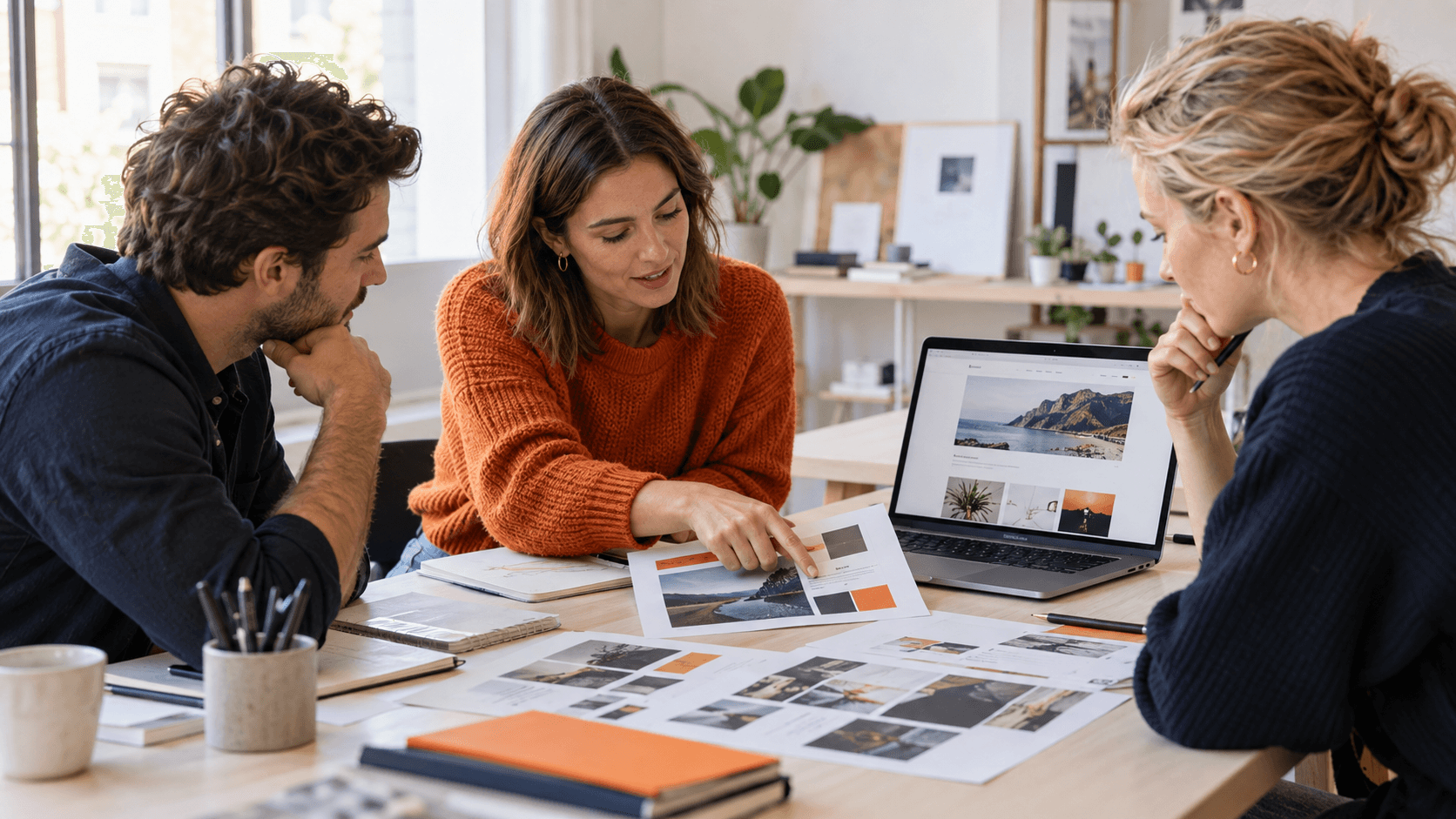 Three creative professionals reviewing a website mockup and printed designs