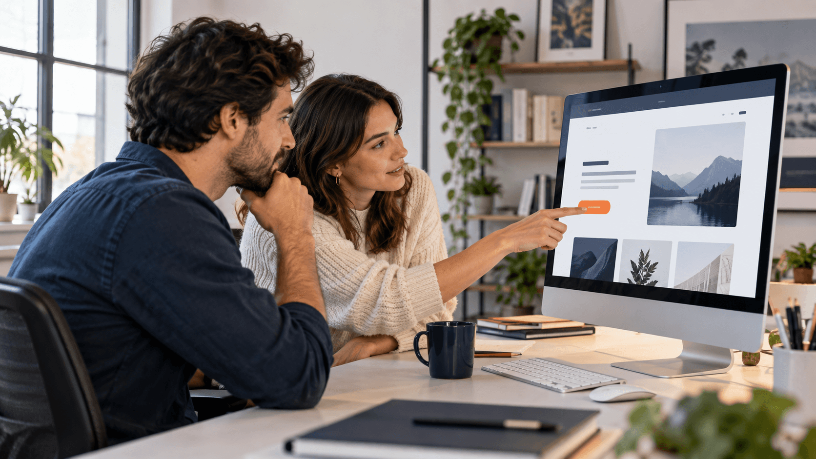 Two creative colleagues reviewing a website design and discussing its main button