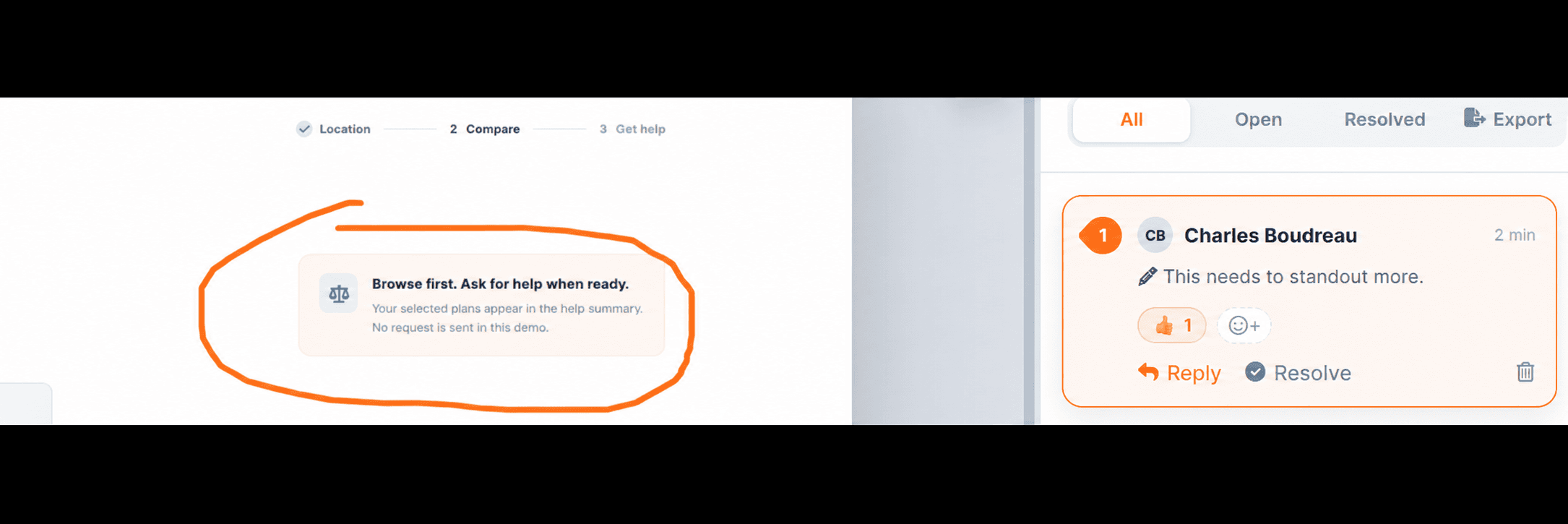 Illustrative annotation with its own discussion thread beside the marked design
