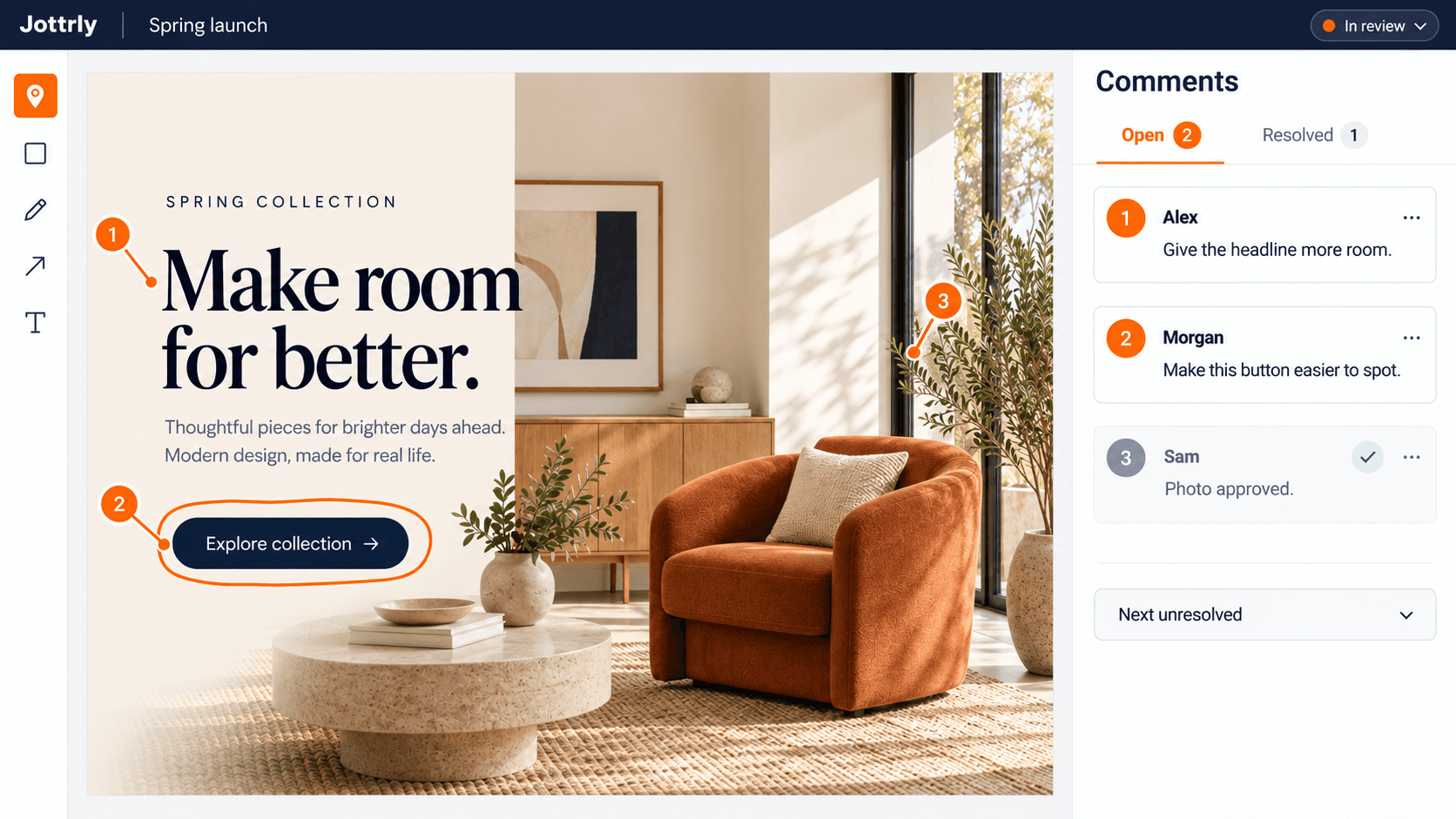 Illustrative Jottrly design review with numbered feedback pins and a comment panel